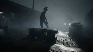 Reanimal boss stood in the headlights of a vehicle in the darkness 