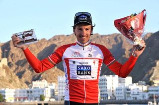 Fabien Cancellara (Saxo Bank) on the podium as overall Oman race winner.