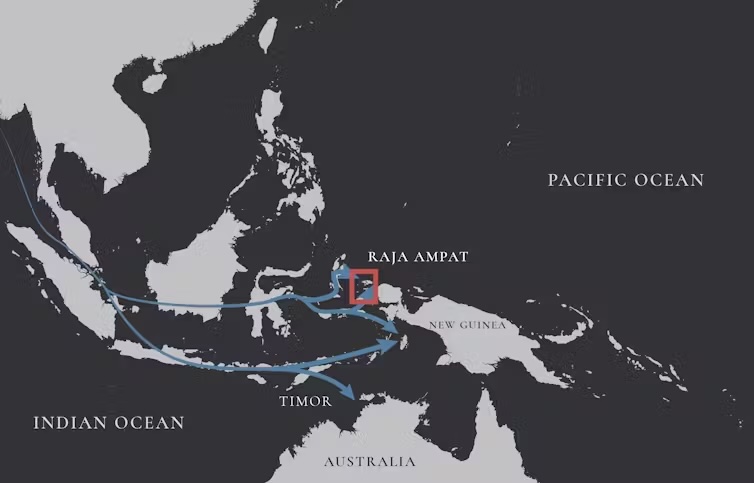 Un mapa que muestra una ruta de viaje entre Indonesia y Australia.