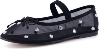 Cushionaire Women's Elegant Rhinestone Mesh Bow Flat With +memory Foam and Wide Widths Available, Black Embellish 7