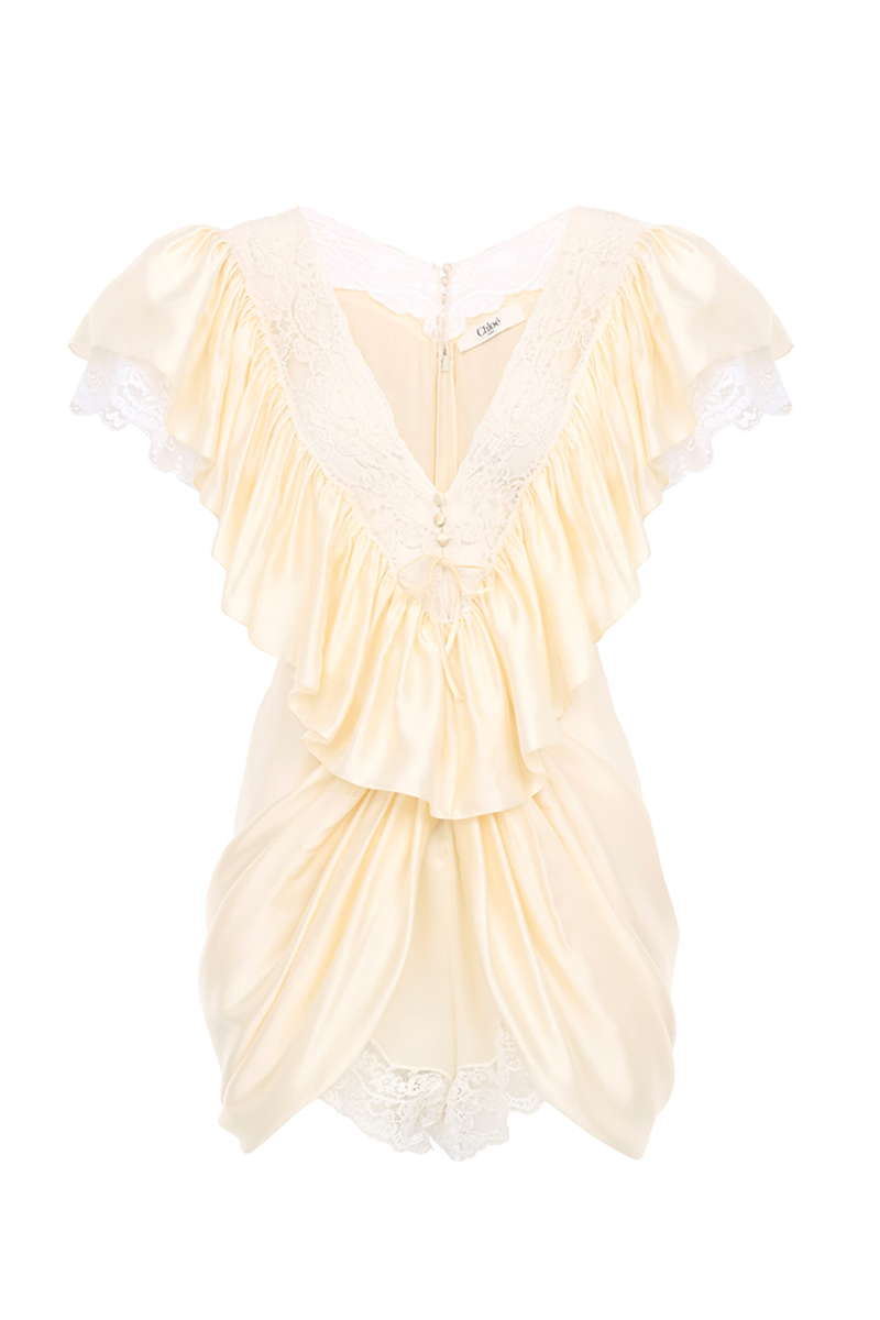 Short V-Neck Jumpsuit in Washed Silk Satin &amp;amp; Lace