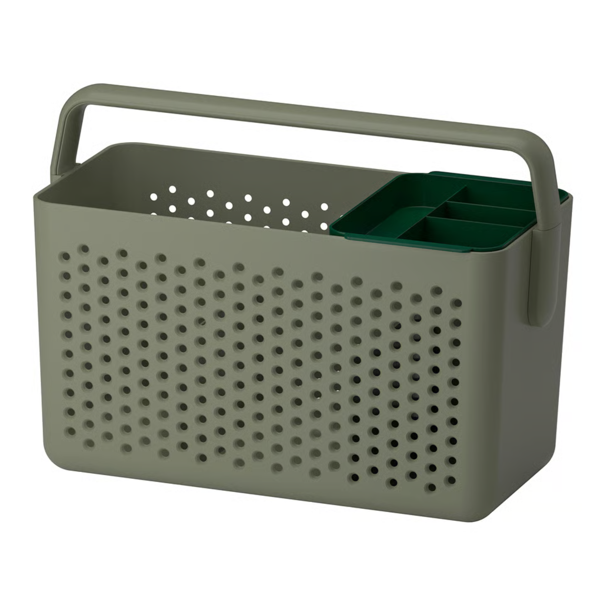 a green shower caddy with a handle 