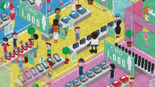 An isometric illustration showing people walking around a shop and browsing digital products showing the benefits of conversion rate optimisation.