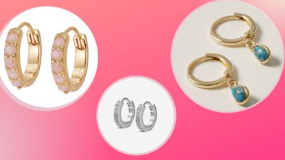 Three of the best huggie earrings on white circles on a pink background