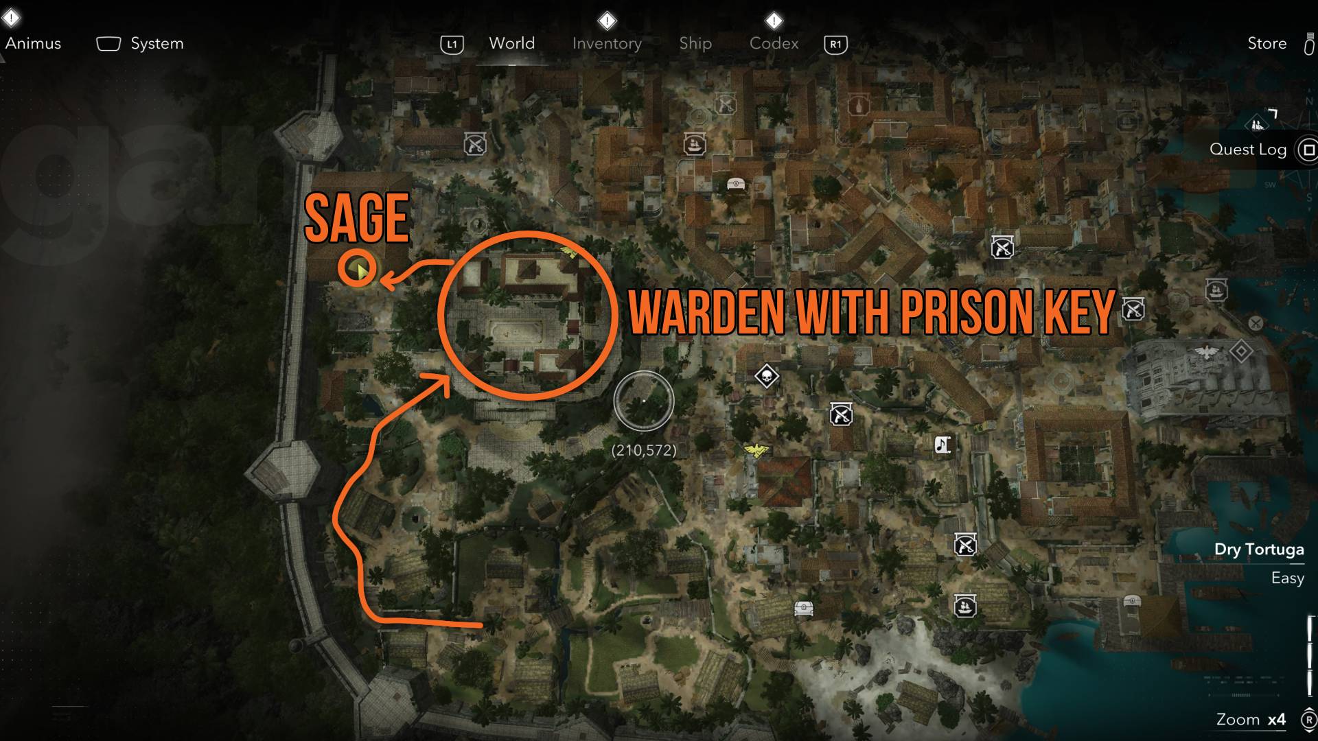 Assassin's Creed Black Flag Resynced map of Torres' estate in Havana showing the locations of the sage and prison key