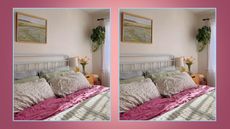 small bedroom with multiple gingham sheets on a dark pink background