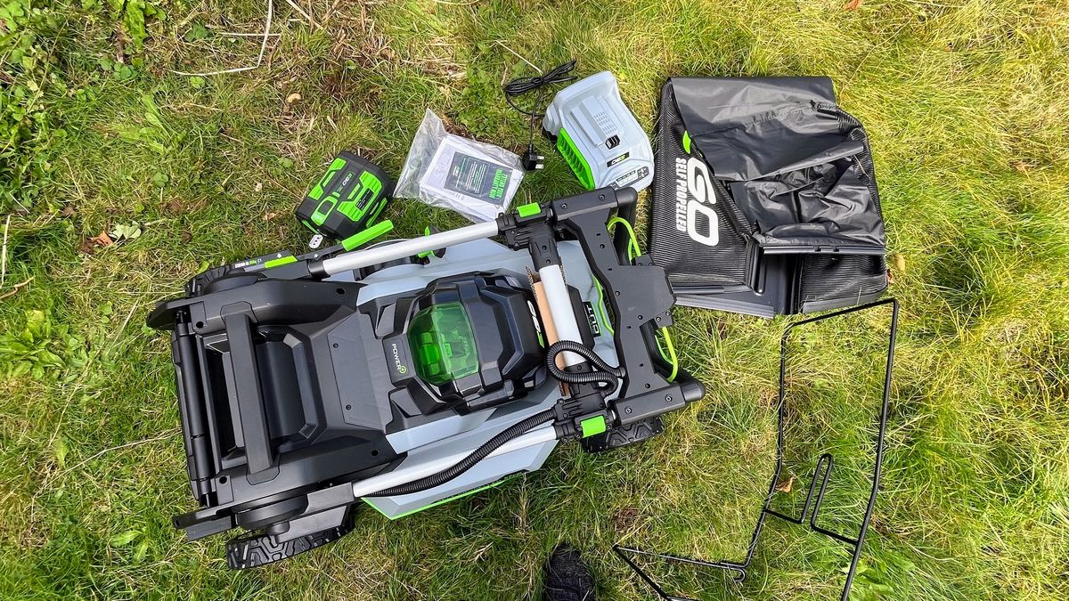 EGO POWER+ LM2135SP 21-in Cordless Lawn Mower being tested in writer's yard