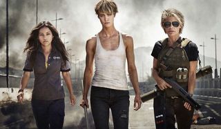 Terminator: Dark Fate Dani, Grace, and Sarah walking towards the camera, away from carnage