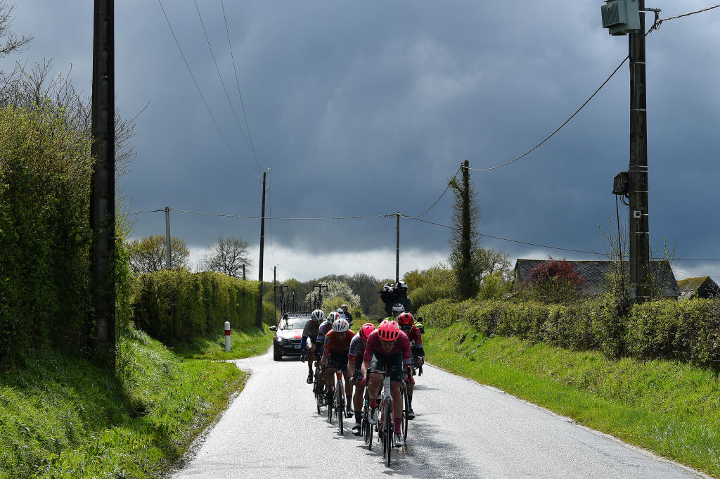 SABLESURSARTHE FRANCE APRIL 07 A general view of Georg Steinhauser of Germany and Team EF Education Easypost Paul Ourselin of France and Team Total Energie Tony Hurel of France and Team St Michel Auber 93 Andrii Ponomar of Ukraine and Team Drone Hopper Androni Giocattoli Sidermec Emiel Vermeulen of Belgium and Team Go Sport Roubaix Lille Metropole and Laurent Pichon of France and Team Arka Samsic compete in the breakaway during the 68th Circuit Cycliste Sarthe Pays de la Loire 2022 Stage 3 a 1765km stage from Sabl sur Sarthe to Sabl sur Sarthe CircuitSarthe on April 07 2022 in SablesurSarthe France Photo by Dario BelingheriGetty Images