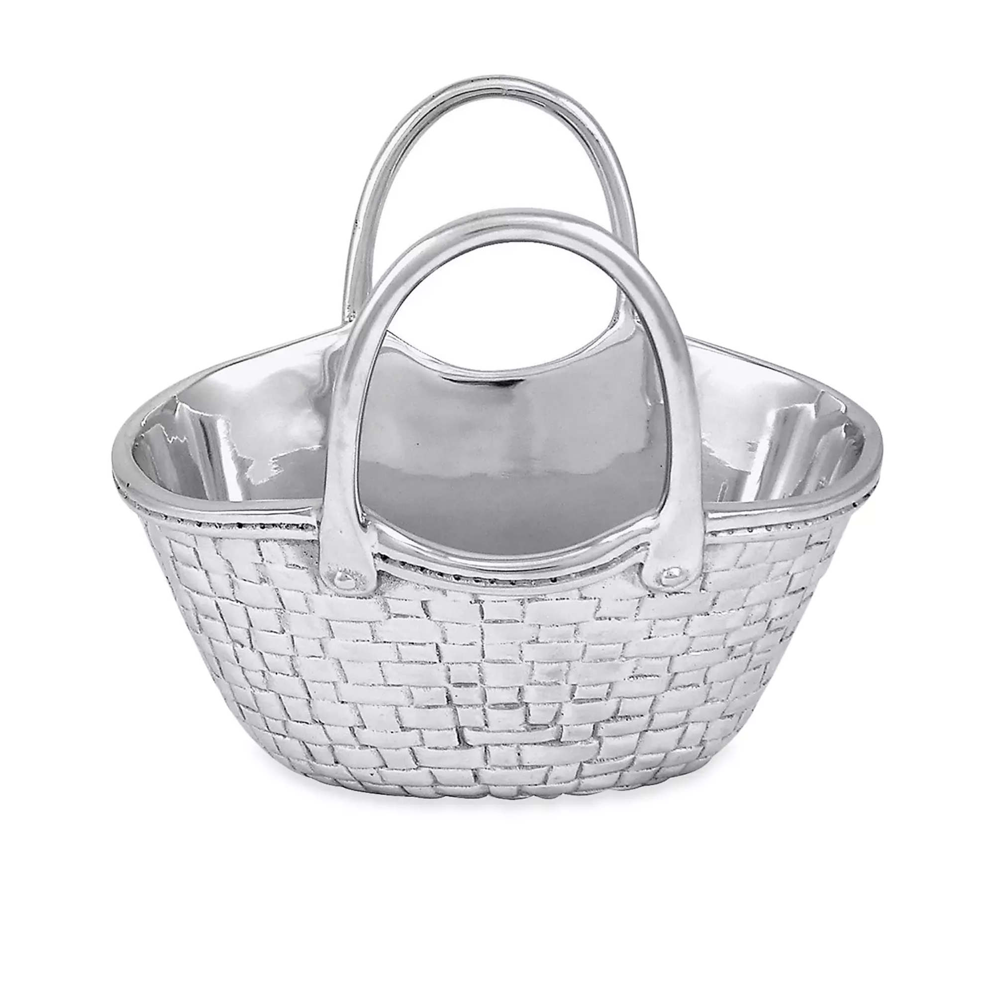silver dish shaped like a woven basket