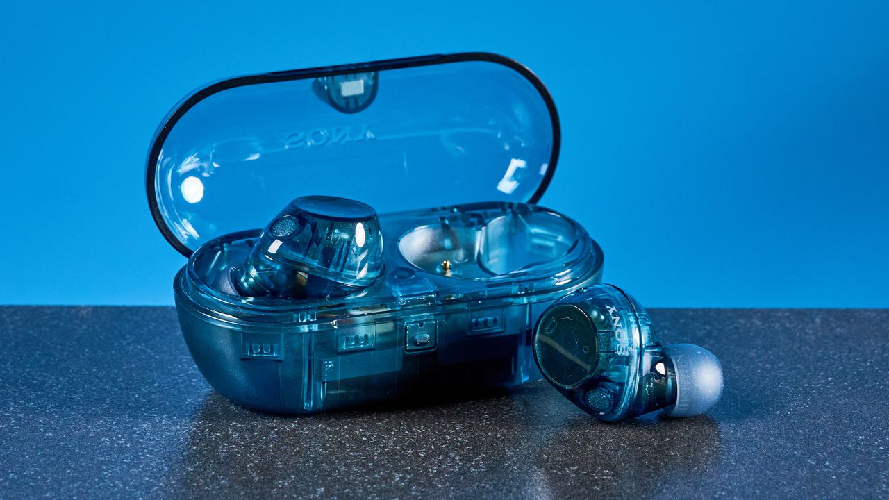 A pair of Glass Blue Sony WF-C710N wireless earbuds.