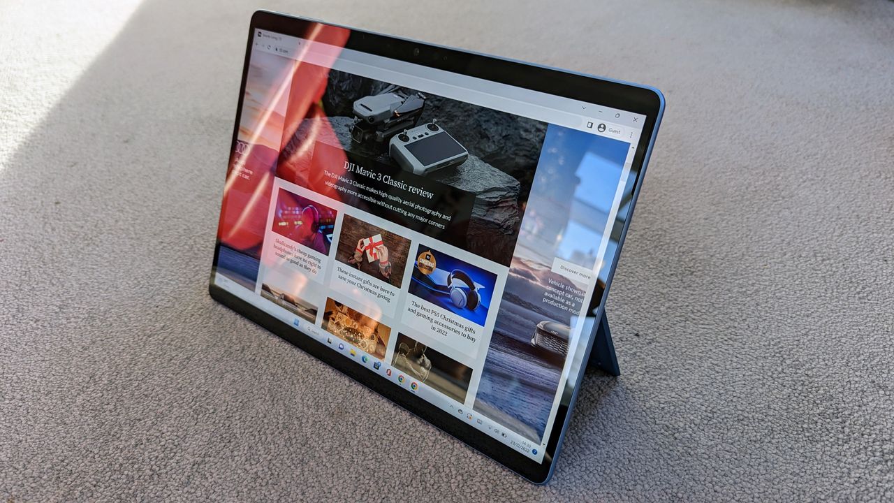 Microsoft Surface Pro 9 review: tablet propped up on a carpet