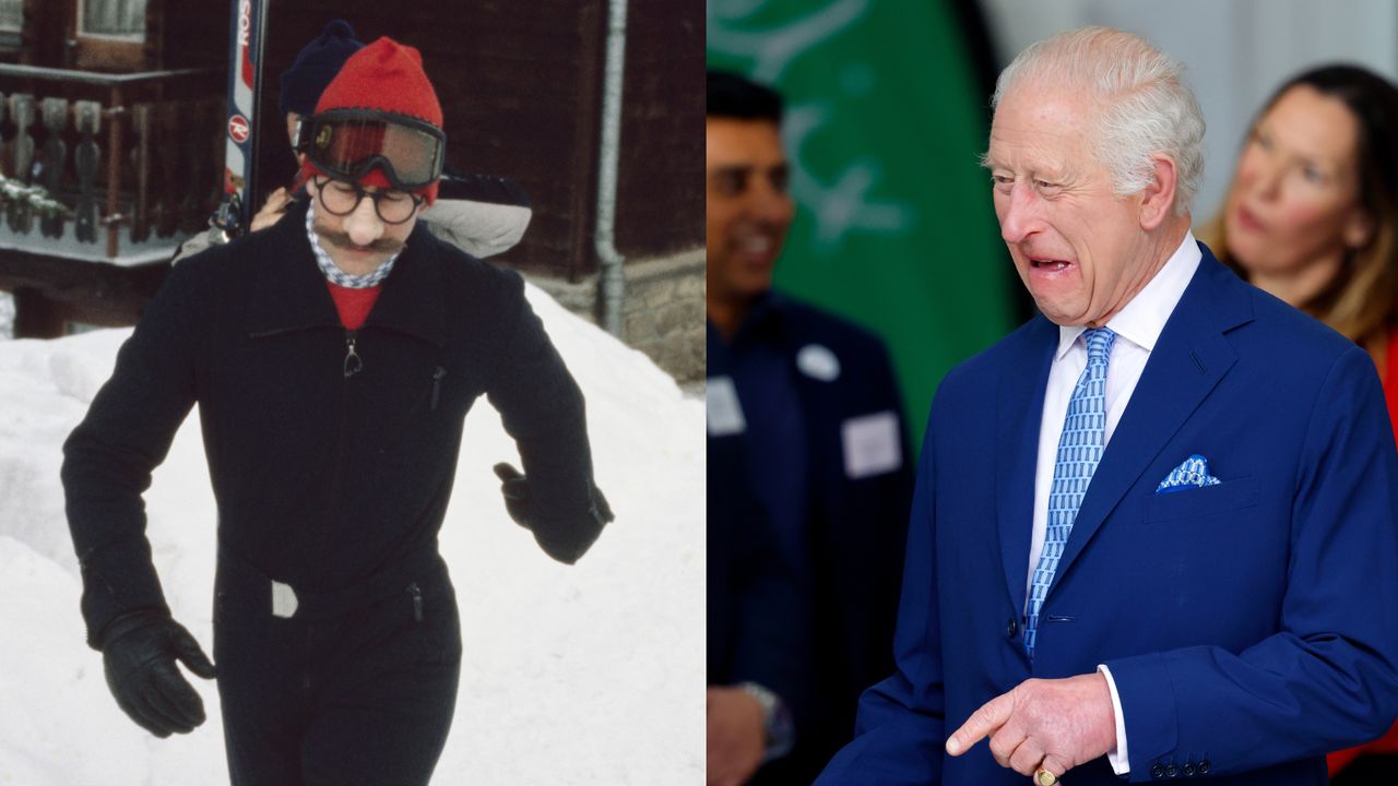 King Charles wearing a fake mustache and goggles disguise in the snow in 1980 next to a photo of him in a blue suit and tie laughing in 2024