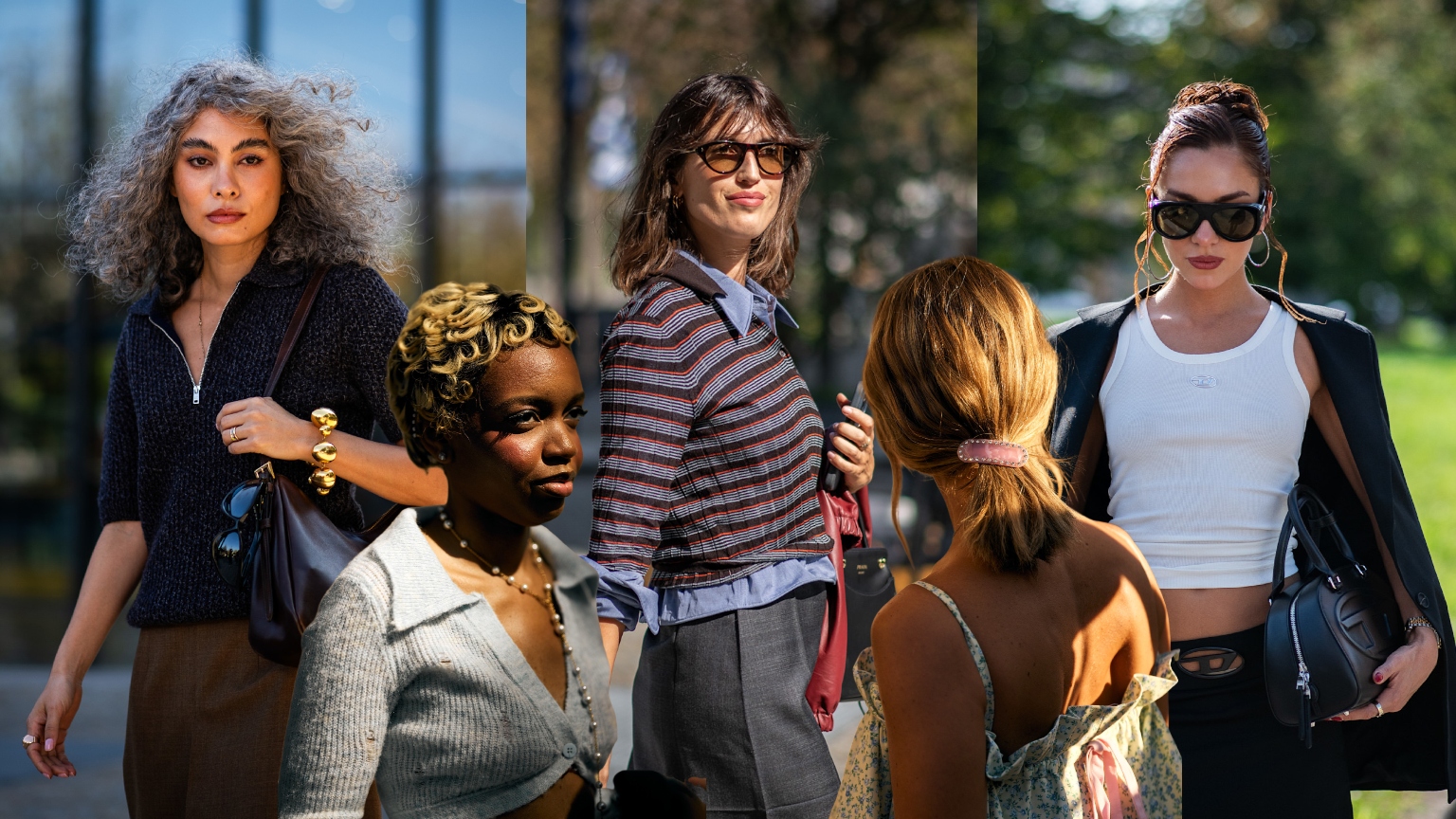 a collage of five women with stylish outfits and glamorous hair and makeup