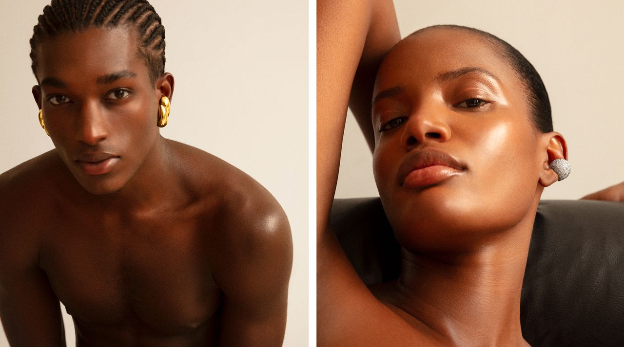 A male and female model wearing gold and diamond hoops halfway up their ear