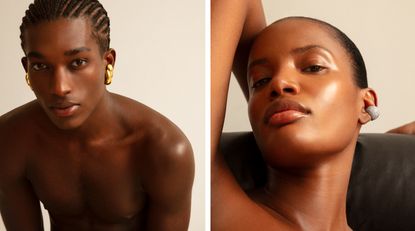 A male and female model wearing gold and diamond hoops halfway up their ear