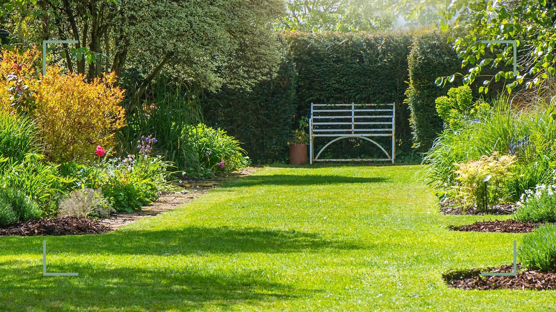 Cottage garden with grass lawn and planted flower beds