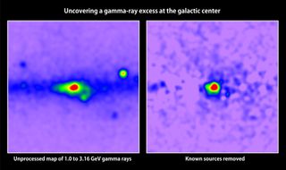 At left is a map of gamma rays with energies between 1 and 3.16 GeV detected in the galactic center by Fermi's LAT; red indicates the greatest number. Prominent pulsars are labeled. Removing all known gamma-ray sources (right) reveals excess emission that may arise from dark matter annihilations.