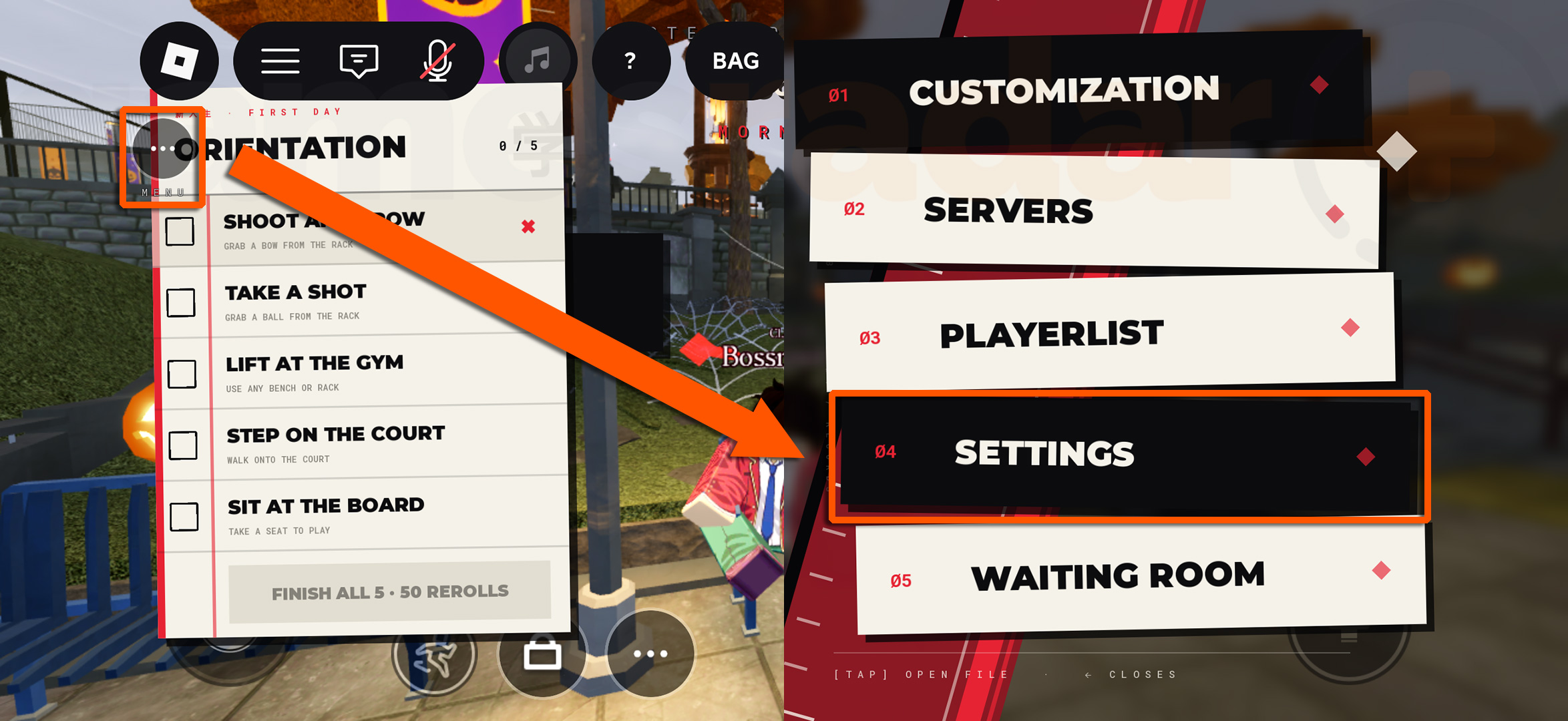 An orange arrows showing how to access the menu to redeem Shigaku codes