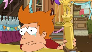 Fry sits crying at his window in Quids Game from Futurama.