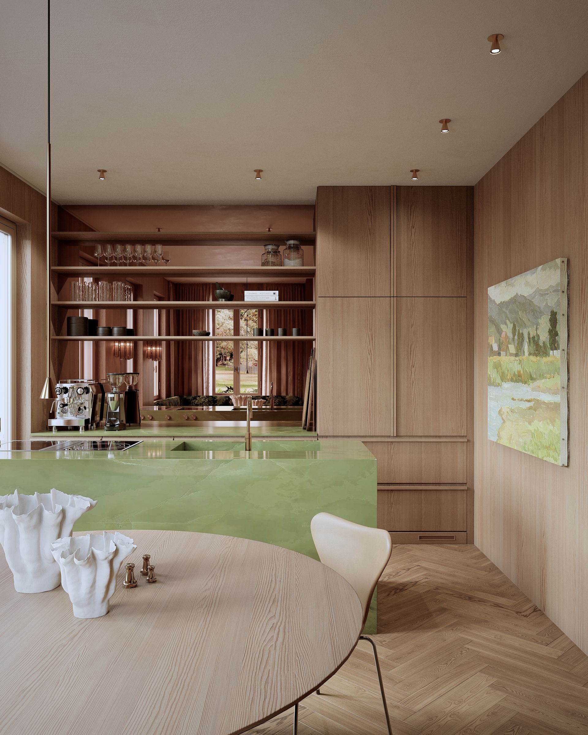 green marble wood kitchen