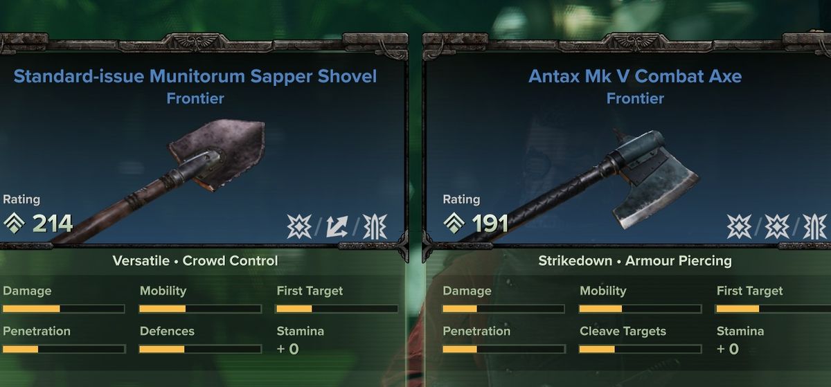 Darktide weapon symbols on a shovel and axe