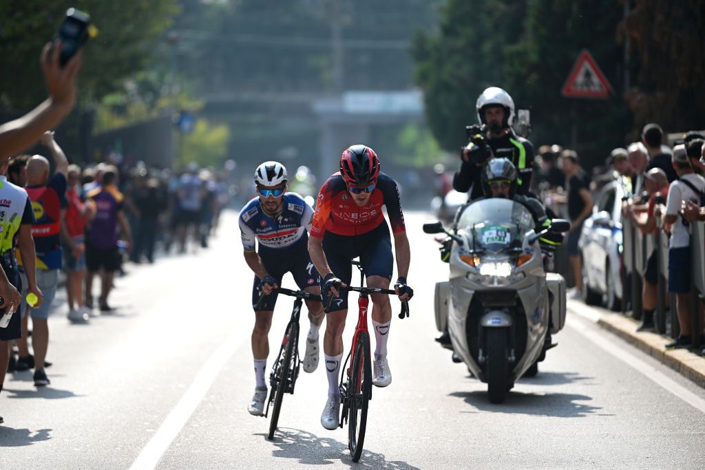 VARESE ITALY OCTOBER 03 LR Julian Alaphilippe of France and Team Soudal Quick Step and Pavel Sivakov of Russia and Team INEOS Grenadiers compete in the chase group during the 102nd Tre Valli Varesine 2023 a 19654km one day race from Busto Arsizio to Varese on October 03 2023 in Varese Italy Photo by Dario BelingheriGetty Images