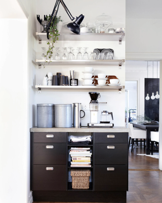 ADIY coffee station in a kitchen with open shelving