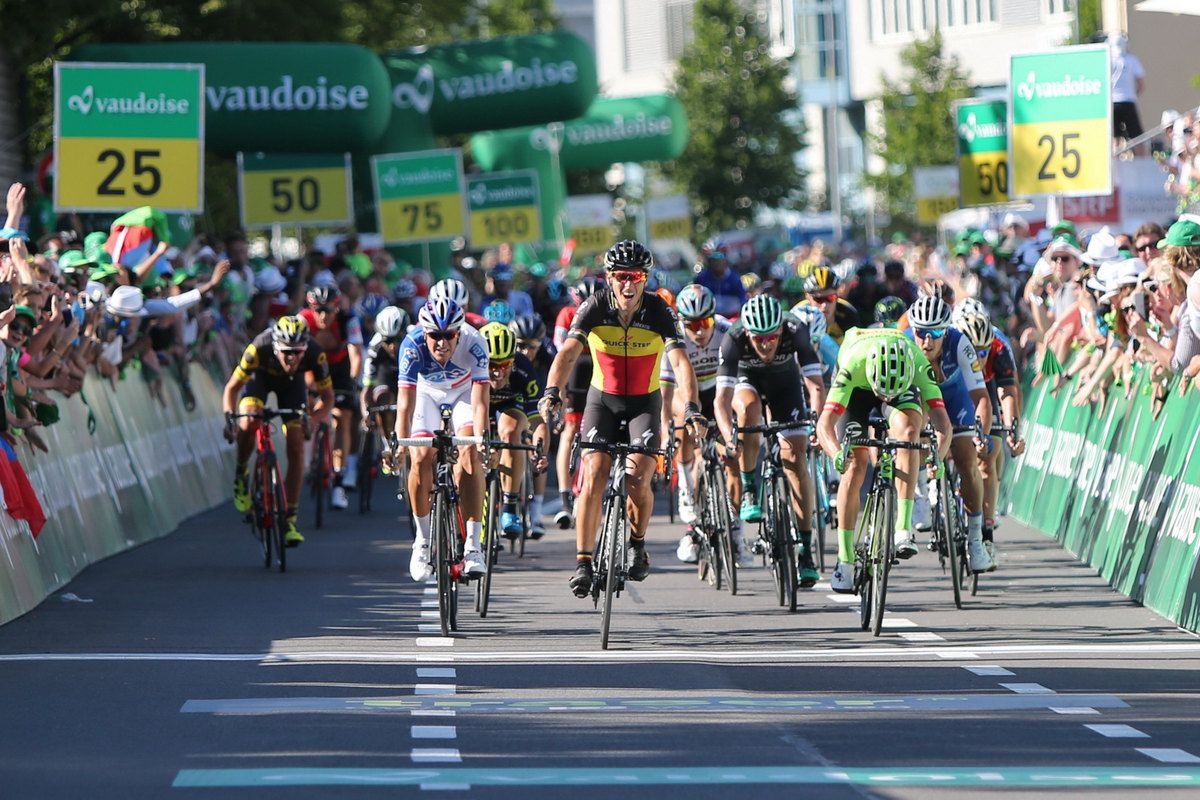 Paddy Bevin (Cannondale-Drapac) dives for the line and finishes second to Gilbert