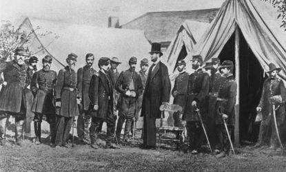 President Lincoln visiting soldiers encamped at the Civil War battlefield of Antietam in Maryland in 1862. 