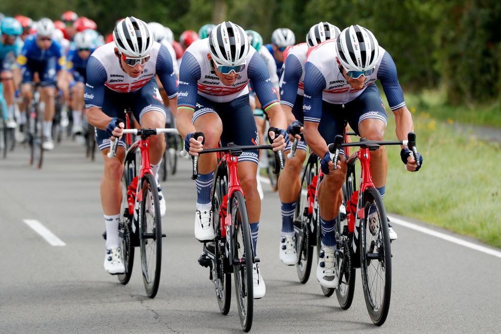 DOKKUM NETHERLANDS AUGUST 30 Mads Pedersen of Denmark and Team Trek Segafredo competes during the 17th Benelux Tour 2021 Stage 1 a 1696km stage from Surhuisterveen to Dokkum BeneluxTour on August 30 2021 in Dokkum Netherlands Photo by Bas CzerwinskiGetty Images