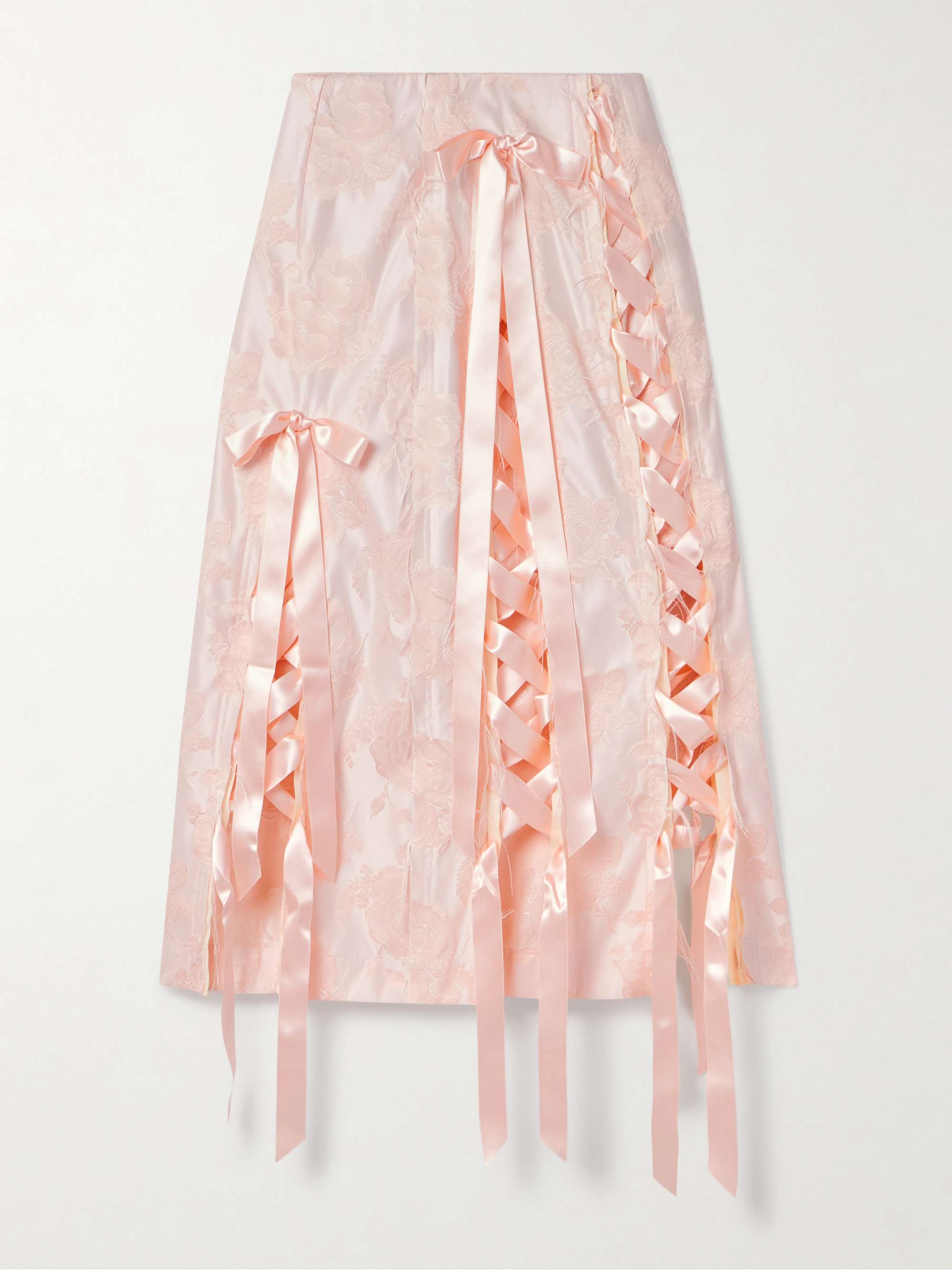 Unraveling Ribbon Lace-Up Frayed Brocade Midi Skirt