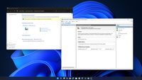 Two computer windows are open on a desktop. The left window shows "BitLocker Drive Encryption" settings, and the right one shows "Trusted Platform Module Management." The background features a blue abstract swirl.