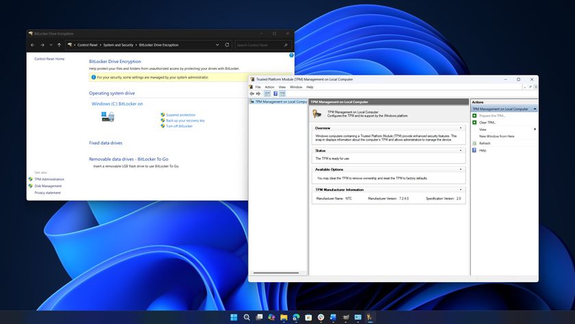 Two computer windows are open on a desktop. The left window shows "BitLocker Drive Encryption" settings, and the right one shows "Trusted Platform Module Management." The background features a blue abstract swirl.
