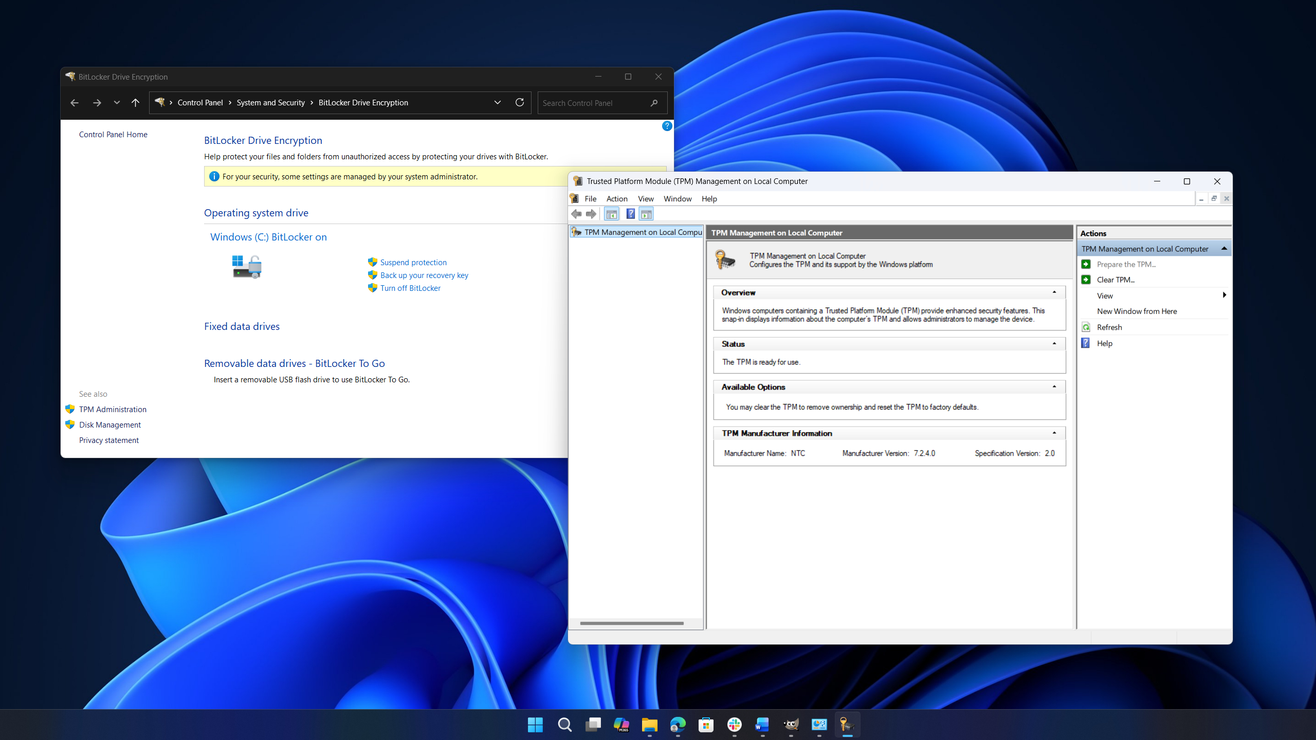 Two computer windows are open on a desktop. The left window shows "BitLocker Drive Encryption" settings, and the right one shows "Trusted Platform Module Management." The background features a blue abstract swirl.