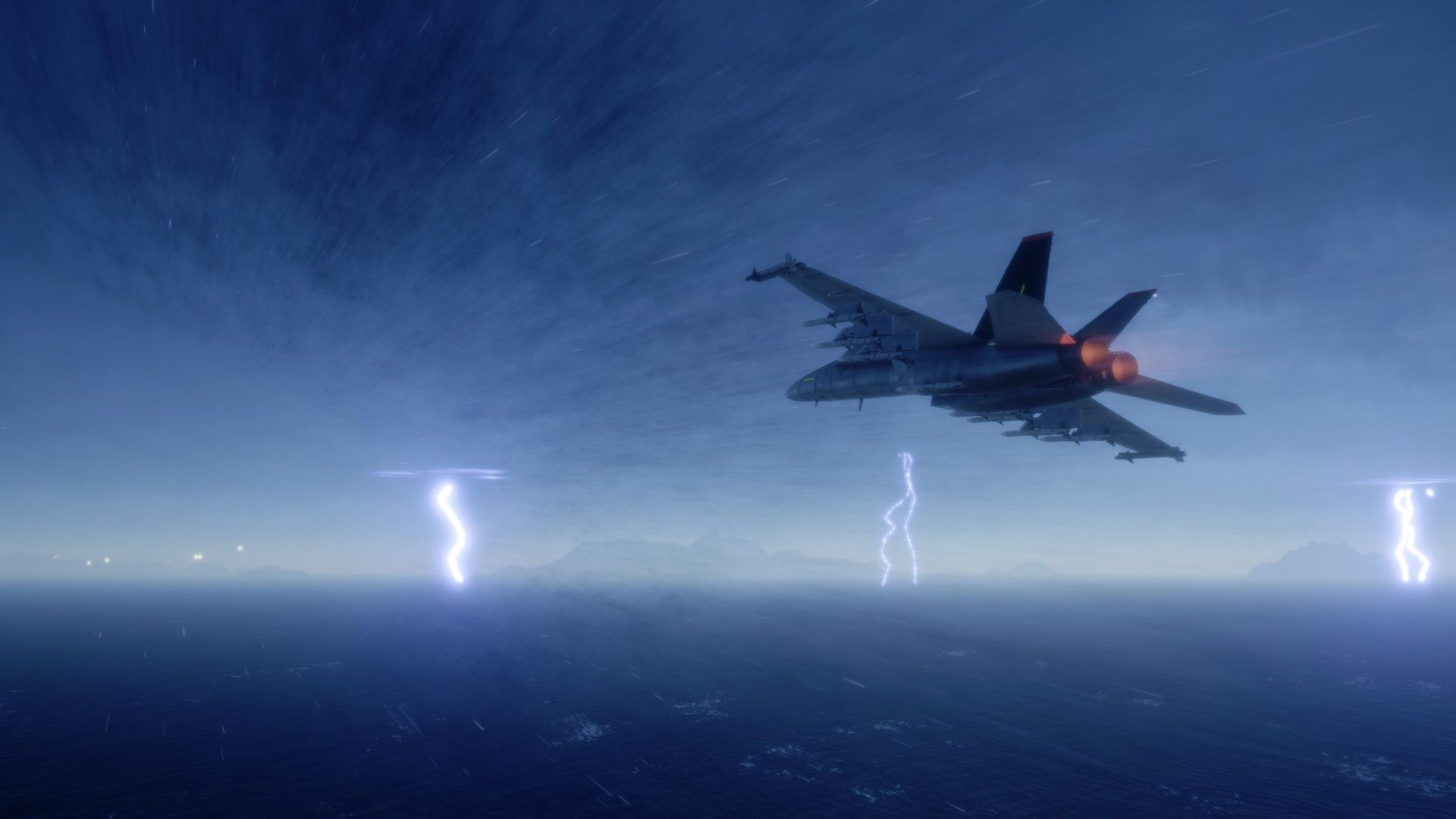 A jet flying over a sea in storm in Project Wingman.
