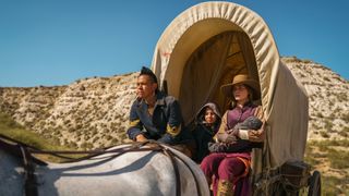 Eli Whipp (Chaske Spencer), Rachel (Matilda Ziobrowski) and Cornelia (Emily Blunt) in a horsedrawn wagon