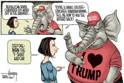 Political cartoon U.S. suburban democratic vote college educated MAGA Trump republicans