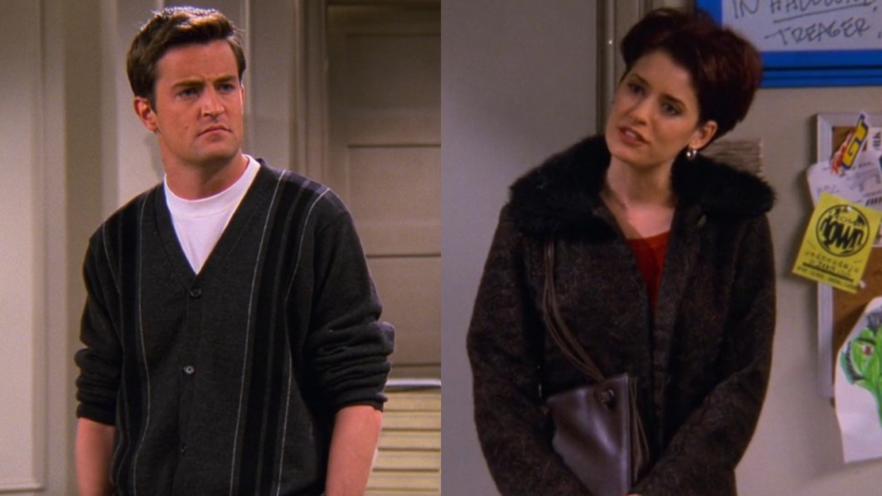 A side-by-side (from left to right) of Matthew Perry as Chandler and Paget Brewster as Kathy in Friends.