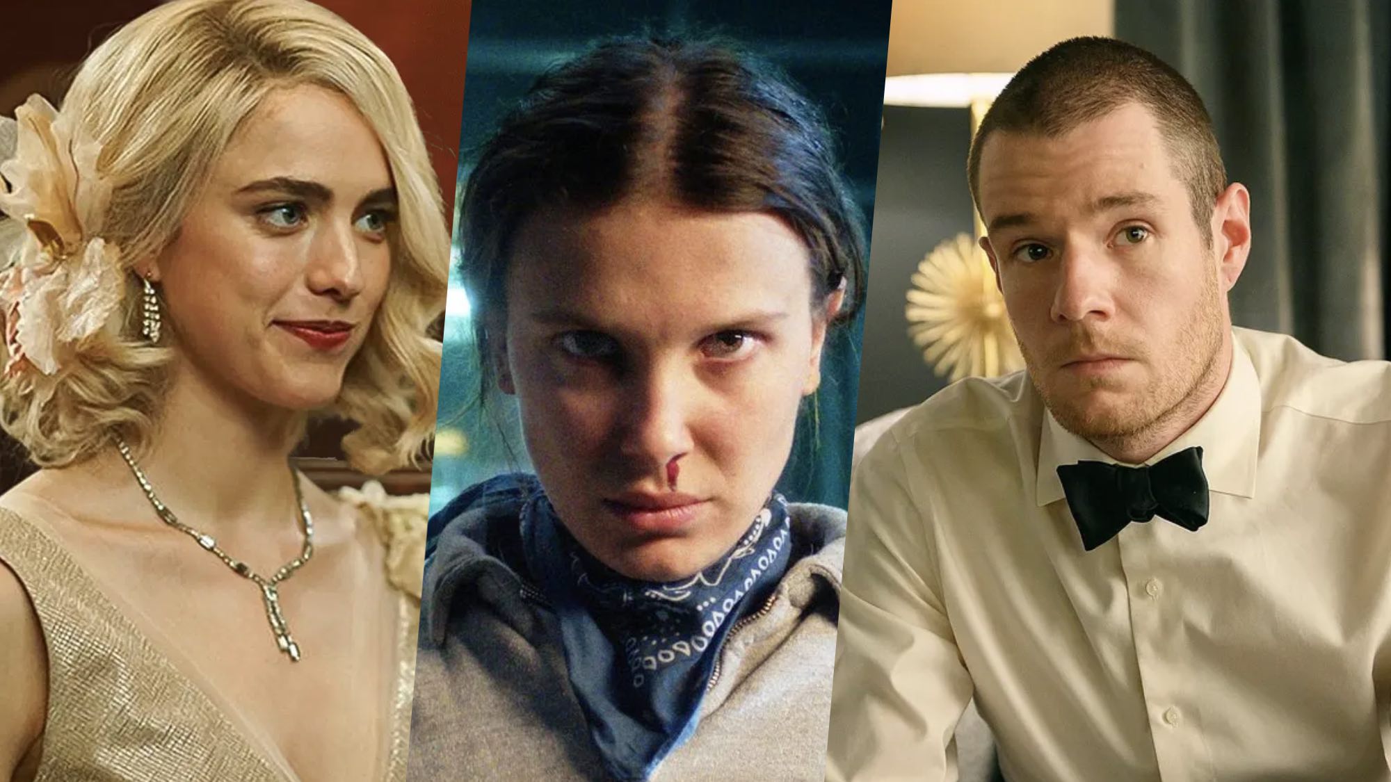 Margaret Qualley in Blue Moon, Millie Bobby Brown in Stranger Things season 5, Connor Swindells as Nick in "Jingle Bell Heist" on Netflix