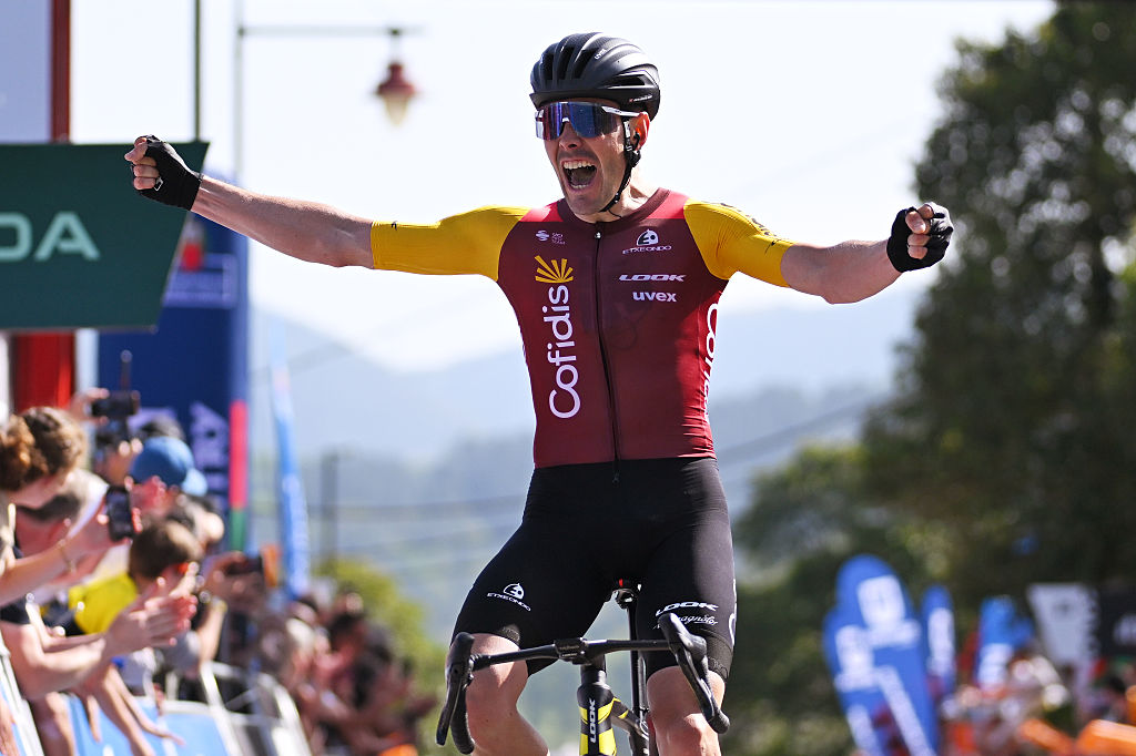 Alex Aranburu of Spain and Team Cofidis celebrates at finish line as stage winner at Itzulia Basque Country 2026 on stage 4April 09, 2026 in  Galdakao, Spain. (Photo by Tim de Waele/Getty Images)
