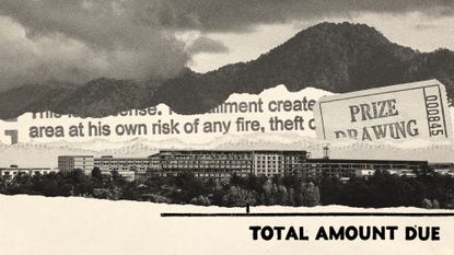 Photo collage of the KK Park Compound in Myanmar and various scraps of paper