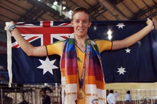 Cameron Meyer (Australia) on the podium for his points race victory.