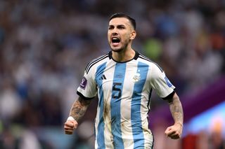 Leandro Paredes celebrates after scoring his penalty in the shootout against the Netherlands in the World Cup quarter-finals in December 2022.