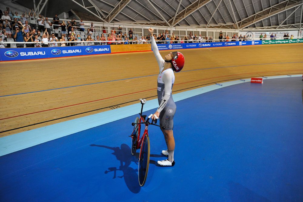 Bridie O'Donnell celebrates setting the new Hour Record in Adelaide