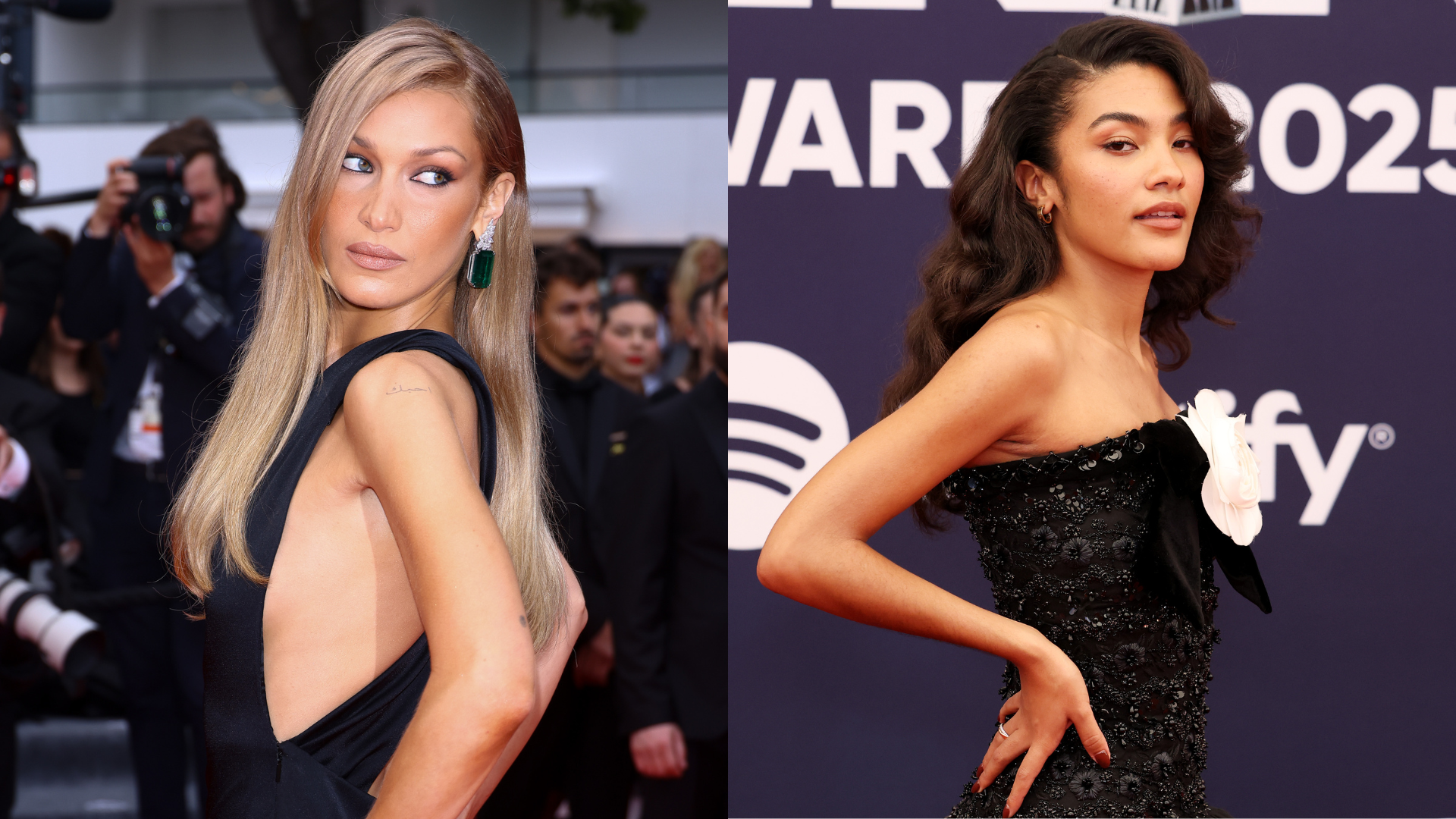 Photo collage of Olivia Dean and Bella Hadid on the red carpet