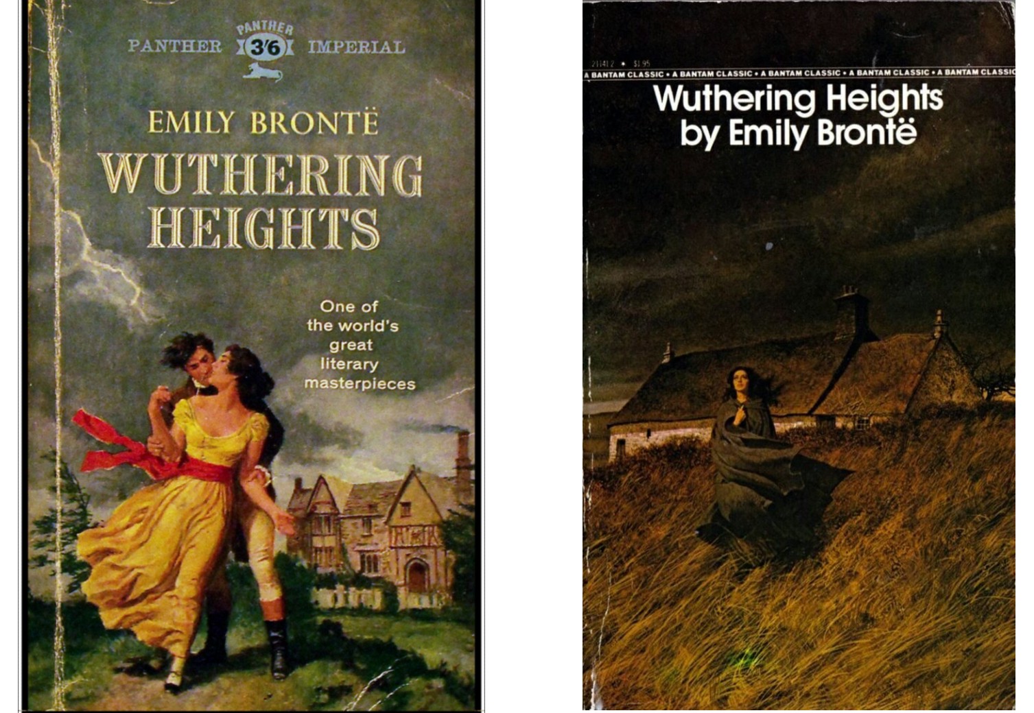 Two vintage paperback covers from the mid-20th century, one depicting a romantic couple in a stormy landscape and the other showing a lone woman in a dark cloak standing before a farmhouse at dusk.