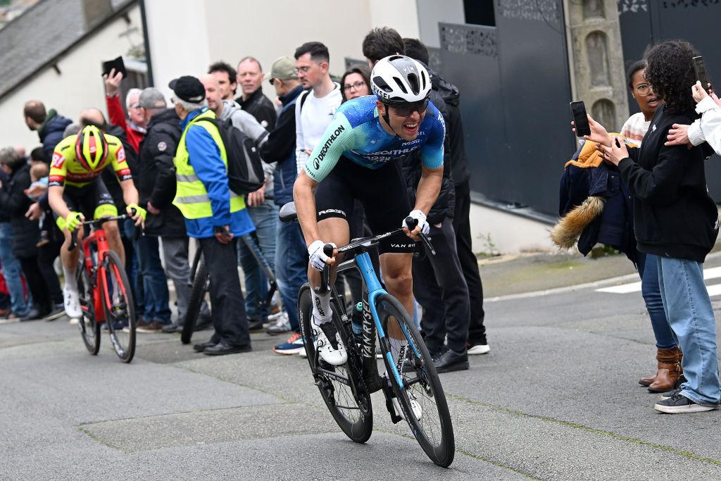 LE MANS FRANCE APRIL 05 Benoit Cosnefroy of France and Decathlon AG2R La Mondiale Team attacks during the 70th Region Pays de la Loire Tour 2024 Stage 4 a 1749km stage from MarolleslesBraults to Le Mans on April 05 2024 in Le Mans France Photo by Dario BelingheriGetty Images