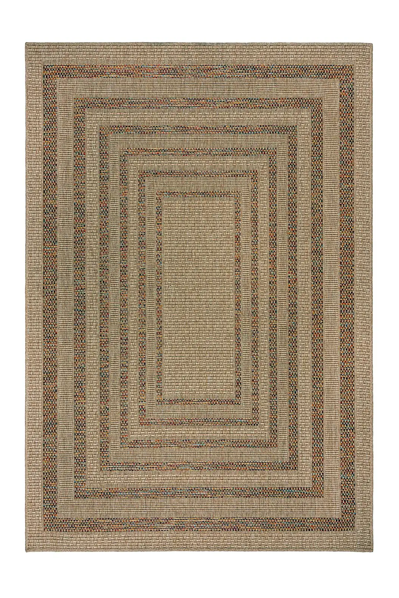 A jute rug with a border pattern
