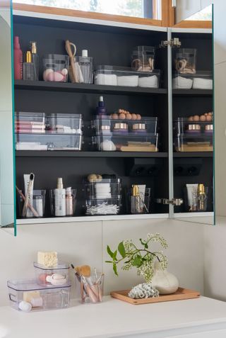 bathroom closet organized with products in clear containers